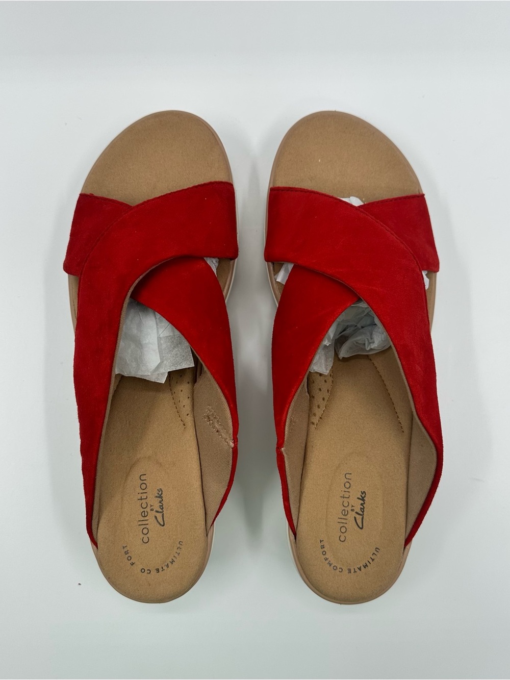 Clarks Red Suede Crossover Slide Sandals